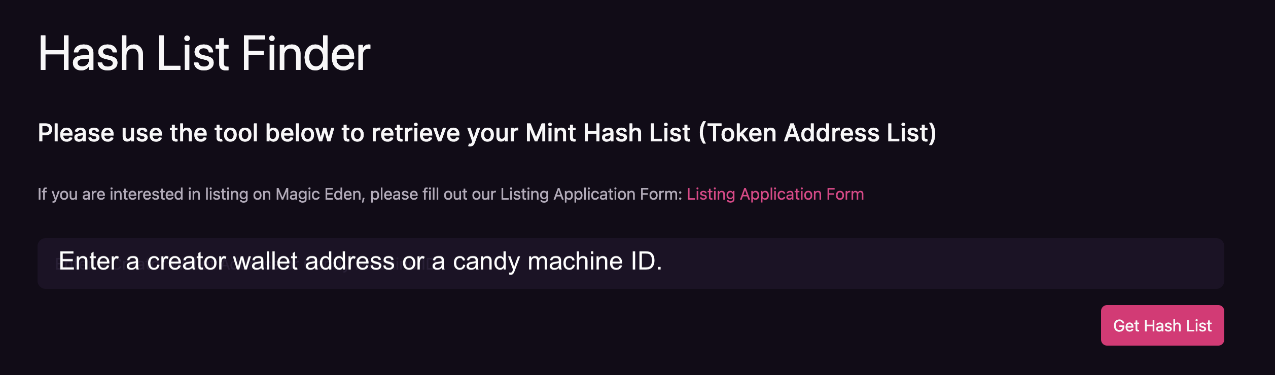 A screenshot showing MagicEden's Hash List finder.